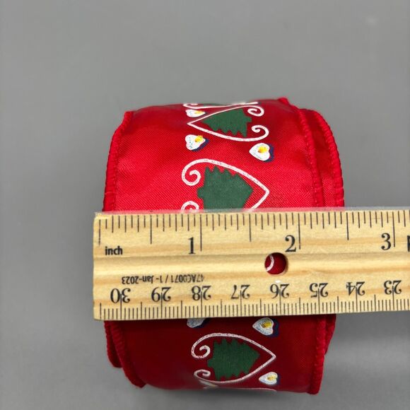 Vintage Wired Satin Christmas Ribbon 80s Folk Art Red Hearts Trees Print 5+ Yds - Picture 5 of 9